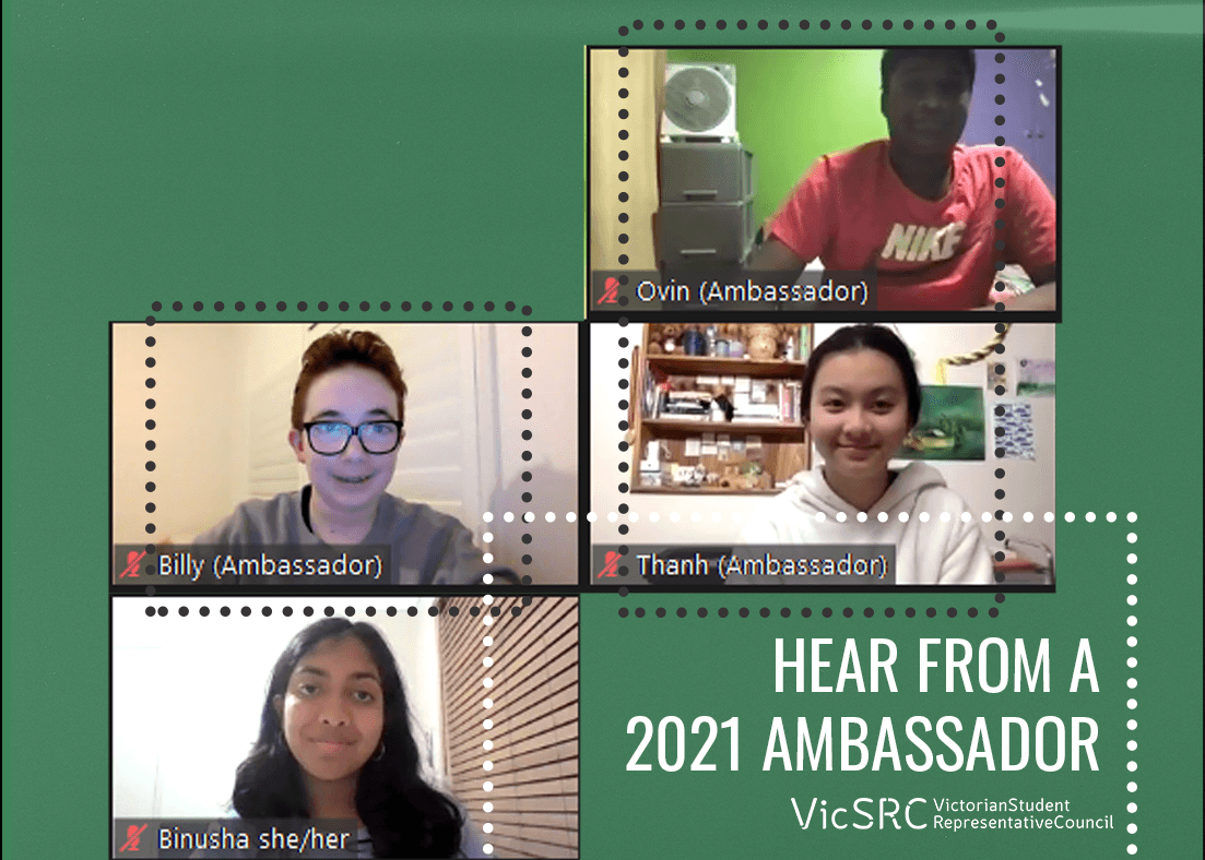 Cut out pictures of students on zoom during the 2021 Ambassadors program with the text 'Hear from a 2021 Ambassador'